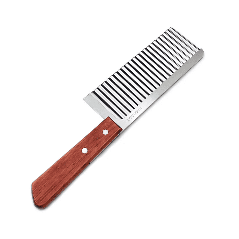 Stainless Steel Wide Crinkle Knife Tool with ergonomic wooden handle, perfect for slicing vegetables with decorative wavy edges.
