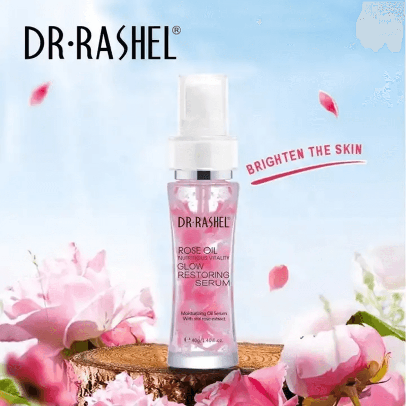 Dr.Rashel Rose Oil Glow Restoring Serum bottle placed among blooming roses, promotes brightening and hydration for radiant skin.