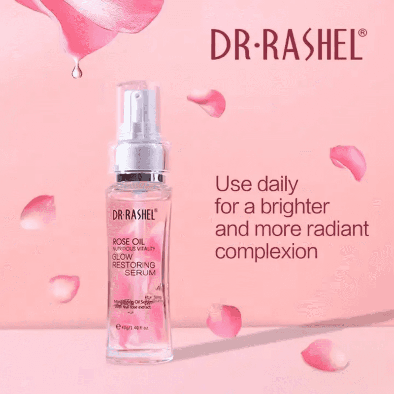 Dr.Rashel Rose Oil Serum 40g shown with rose petals, recommended for daily use to achieve a brighter, more radiant complexion.