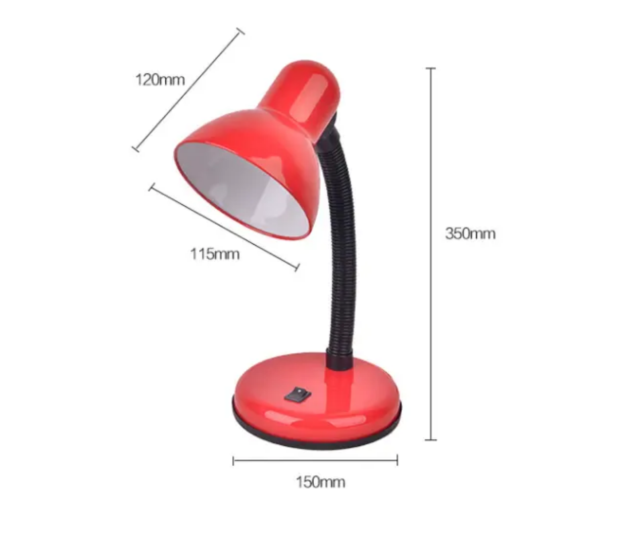 Red Desk Study Lamp with Flexible Neck and dimensions labeled, perfect for adjustable lighting in study or work areas under desk lamps.