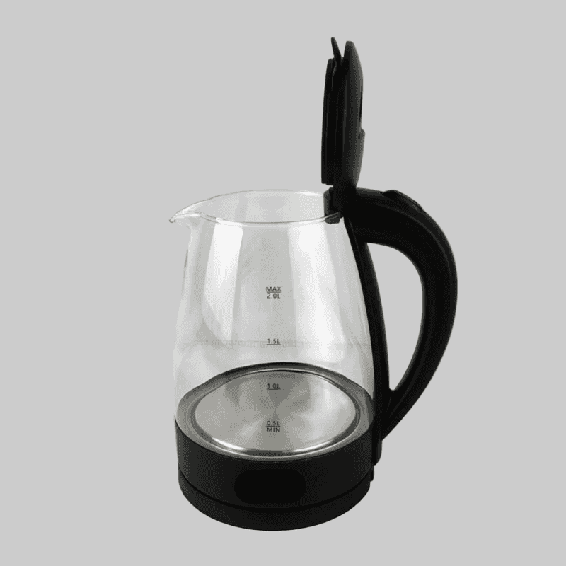 Richpower Glass Body Electric Kettle 1.8L with open lid and visible water level markings, designed for safe and quick boiling.
