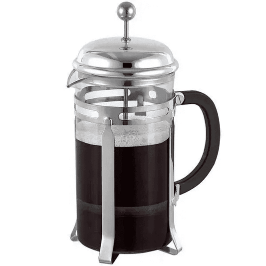 850ml French Press Coffee Maker with stainless steel frame and borosilicate glass carafe, ideal for rich coffee brewing at home or office.