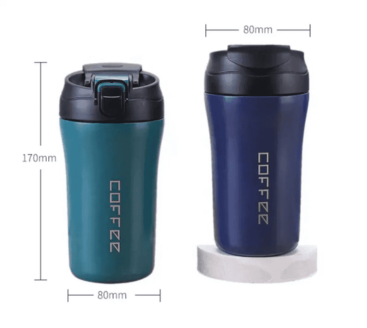 450 ml insulated travel mugs in teal and navy blue with dimensions 170mm height and 80mm width; features spill-proof lids and sleek design.