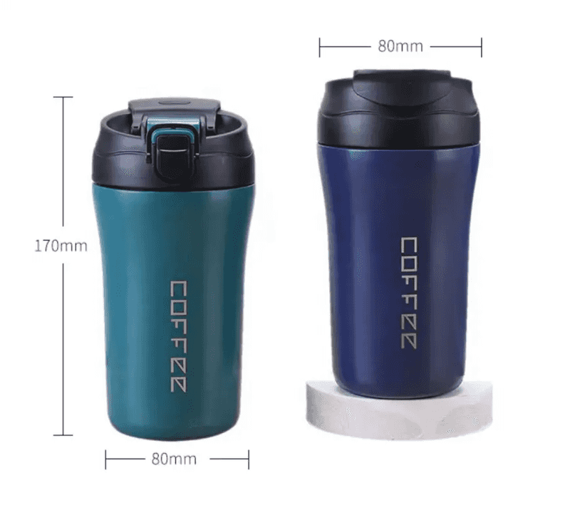450 ml insulated travel mugs in teal and navy blue with dimensions 170mm height and 80mm width; features spill-proof lids and sleek design.