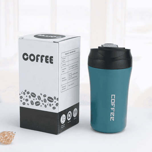 450 ml insulated travel mug with straw in teal color next to retail packaging box labeled 'COFFEE'; ideal for hot or cold beverages on-the-go.