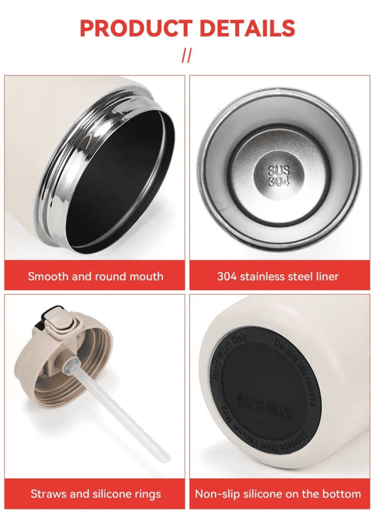 Close-up product details of 450 ml insulated travel mug showing stainless steel liner, silicone straw, non-slip base, and smooth mouth design.