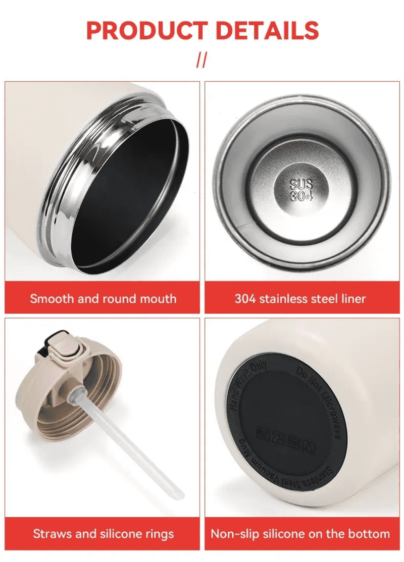 Close-up product details of 450 ml insulated travel mug showing stainless steel liner, silicone straw, non-slip base, and smooth mouth design.