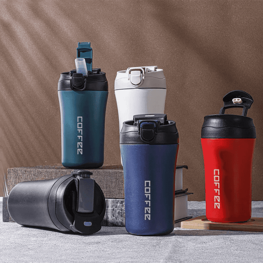 Assorted colors of 450 ml insulated travel mugs with straw including teal, navy, white, red, and black; perfect for travel and daily use.
