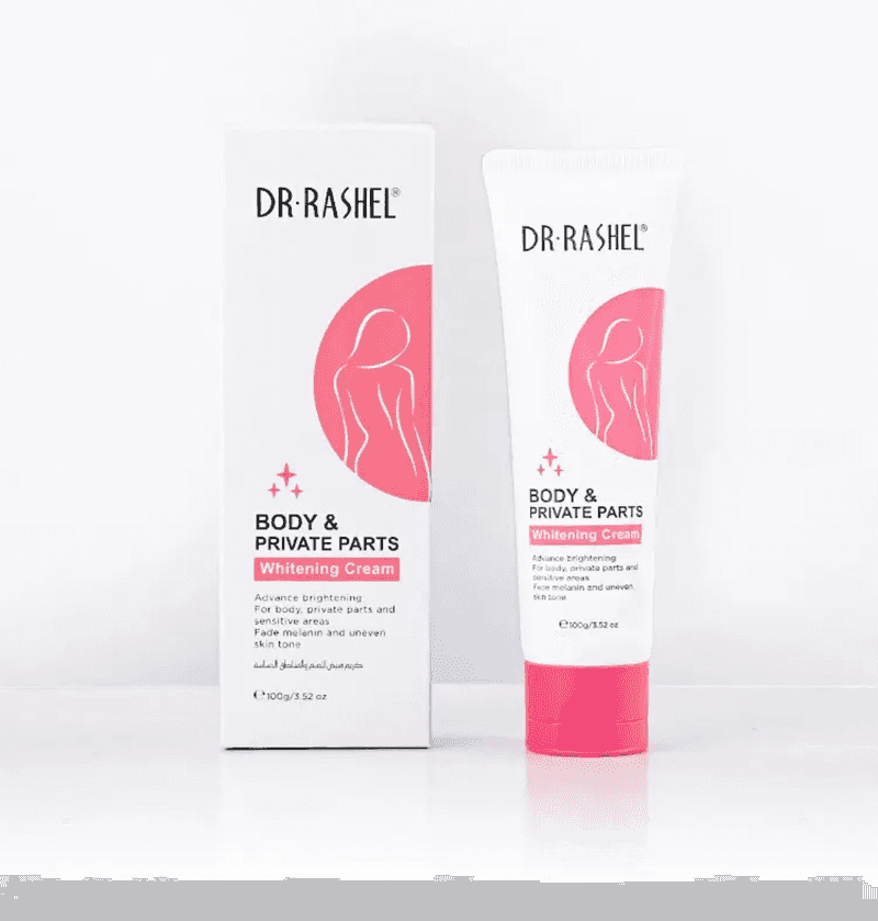 Dr Rashel Whitening Cream for Body & Private Parts 100g with packaging box, designed for brightening and evening skin tone in sensitive areas.