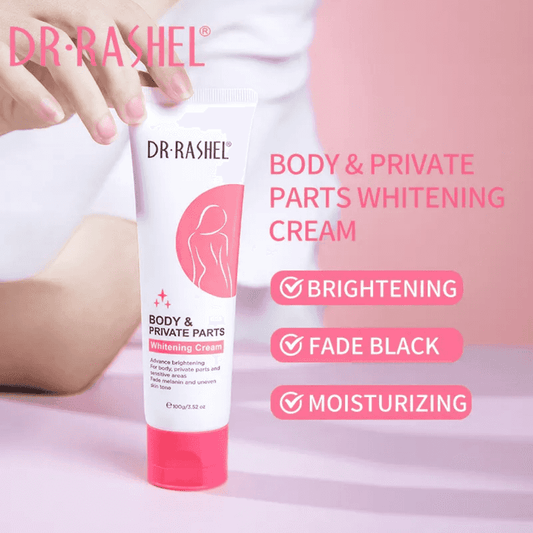 Dr Rashel Whitening Cream for Body & Private Parts shown with benefits like brightening, fading dark spots, and moisturizing for daily personal care.