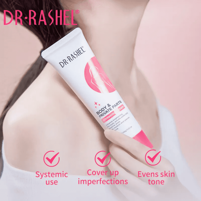 Dr Rashel Whitening Cream for Body & Private Parts held near face, highlighting features like systemic use, skin tone evening, and imperfection coverage.