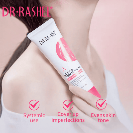 Dr Rashel Whitening Cream for Body & Private Parts held near face, highlighting features like systemic use, skin tone evening, and imperfection coverage.