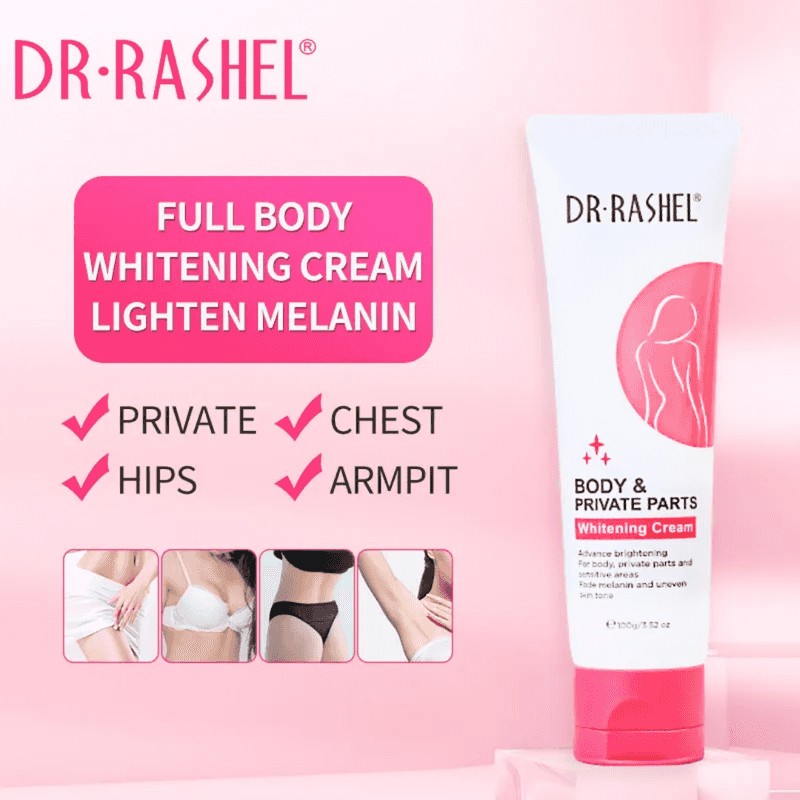 Dr Rashel Whitening Cream for Body & Private Parts promotes full body use on private areas, chest, hips, and armpits to lighten melanin and brighten skin.