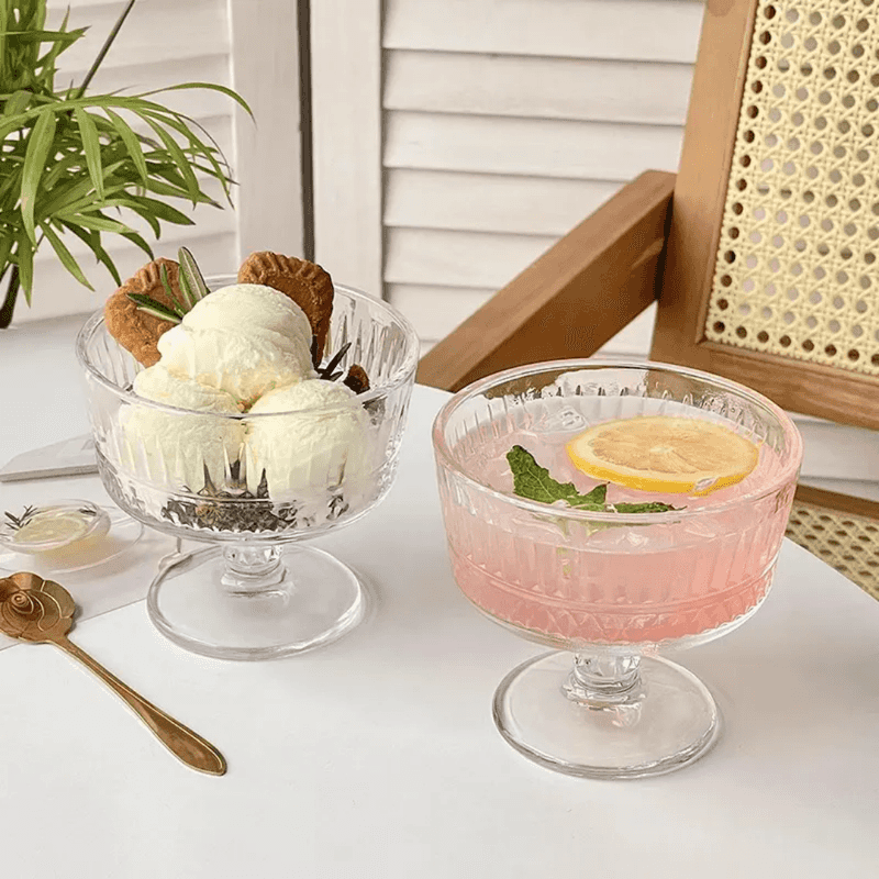 Timeless Vintage Cup with retro stripes used for serving vanilla ice cream and pink lemonade, ideal for elegant dessert presentation.