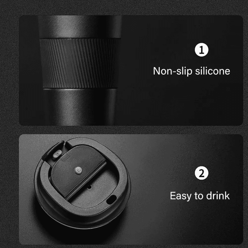 Features of the 500ml insulated travel mug include non-slip silicone grip and easy-to-drink leak-proof lid design.