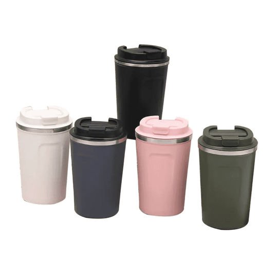 Travel Mug 500ml - Insulated Stainless Steel in five colors including black, white, navy, pink, and green with leak-proof lids.