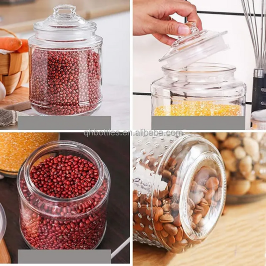 Close-up views of 2L airtight glass jars storing grains and nuts, showcasing easy-open lids and durable design for efficient kitchen food storage.