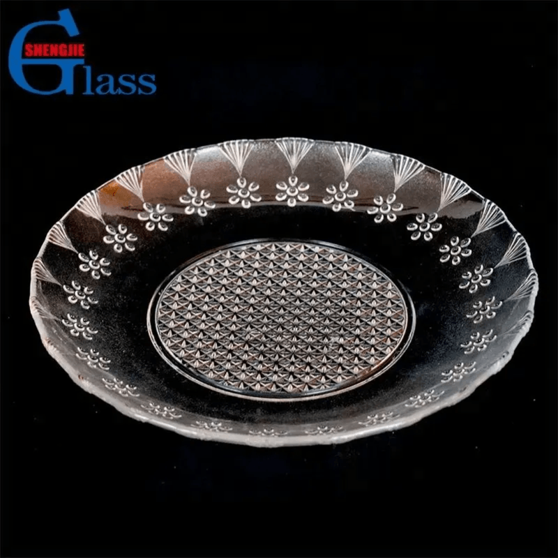 12-inch crystal clear glass fruit serving tray with floral and diamond pattern, ideal for elegant table settings. Available at Bamgate.com in Sri Lanka.