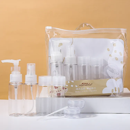 6PCS Mini Refill Bottles travel kit with transparent pump, spray, and cream containers in a clear zip pouch for travel convenience | Price Sri Lanka