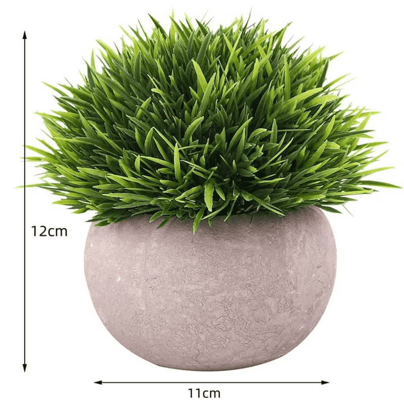 Artificial Green Grass Pot measuring 12cm height and 11cm width. Compact and stylish decor piece for shelves or desks in Sri Lanka homes.