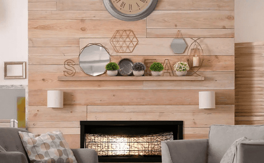 Artificial Green Grass Pots displayed on a wooden shelf above a fireplace in a modern living room. Perfect decorative accent for home interiors.