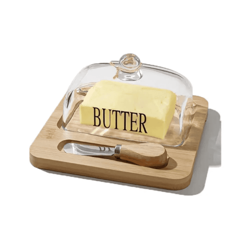 Bamboo butter holder with knife and glass lid showcasing a butter block on a wooden base. Ideal for stylish butter storage in Sri Lanka kitchens.