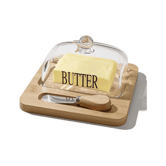 Bamboo butter holder with knife and glass lid showcasing a butter block on a wooden base. Ideal for stylish butter storage in Sri Lanka kitchens.