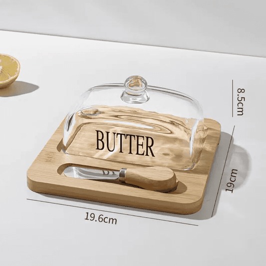 Bamboo butter dish with glass lid and knife, dimensions 19.6cm x 19cm x 8.5cm. Perfect for elegant butter storage in modern kitchens.