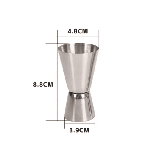 Stainless steel cocktail shaker measure cup with dimensions 8.8cm height and 4.8cm/3.9cm diameter, ensuring accurate drink measurements.