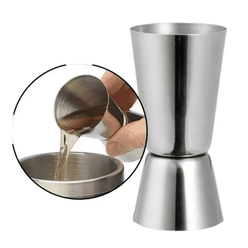 Dual-sided stainless steel cocktail shaker measure cup with inset image showing liquid being poured, perfect for accurate cocktail mixing.