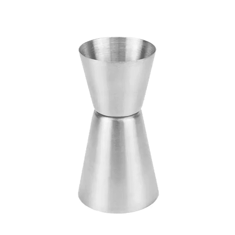 Sleek stainless steel cocktail shaker measure cup with dual measurement ends, designed for professional and home bartenders.