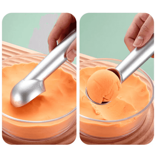 Non Stick Aluminum Scoop for Ice Cream smoothly gliding through orange ice cream, forming a perfect round scoop for serving.