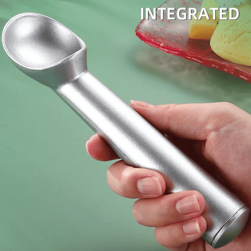 Ergonomic Non Stick Aluminum Scoop for Ice Cream held in hand, showcasing its integrated handle design for easy grip and control.