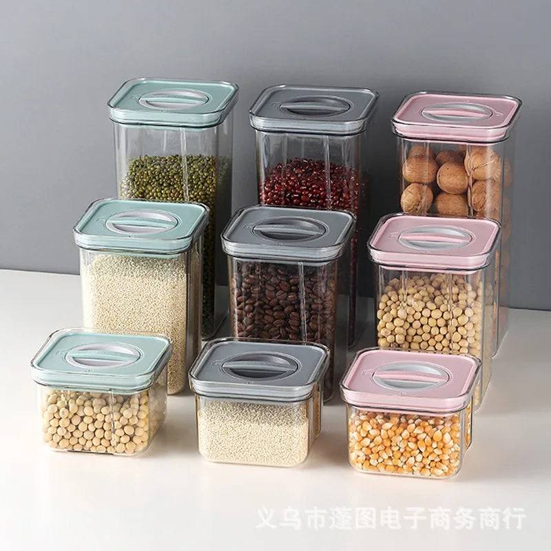 Rotary Lock Plastic Container set in various sizes and pastel lids, ideal for kitchen storage of grains, beans, and snacks. Durable and secure design.