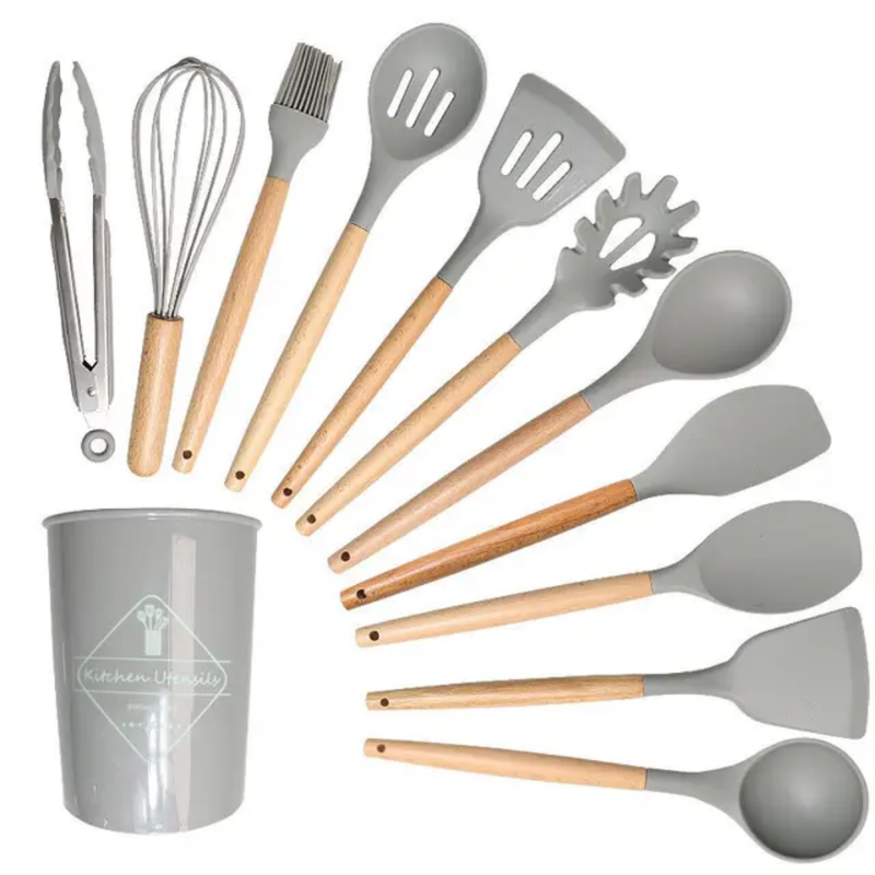 12-Piece Mini Silicone Kitchen Utensil Set with Wooden Handle