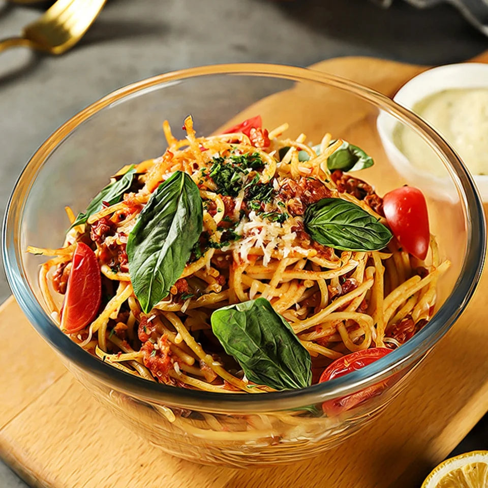 Tempered Borosilicate Glass Bowl 2L filled with pasta, showcasing its versatility for serving and cooking. Durable and oven-safe bakeware.