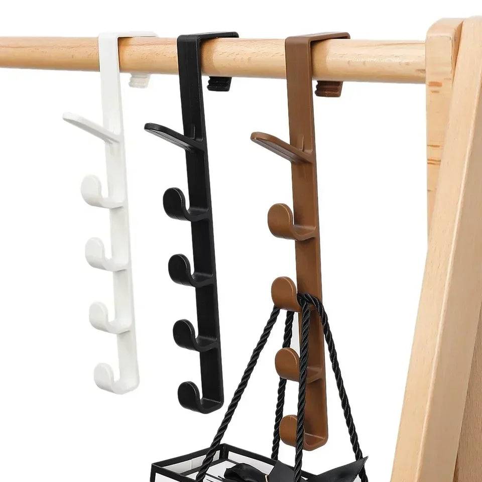 Coat and Hat Hanger - Organizer Solution with multiple hooks in black, white, and brown hanging on a wooden rod. Ideal for saving space in entryways.