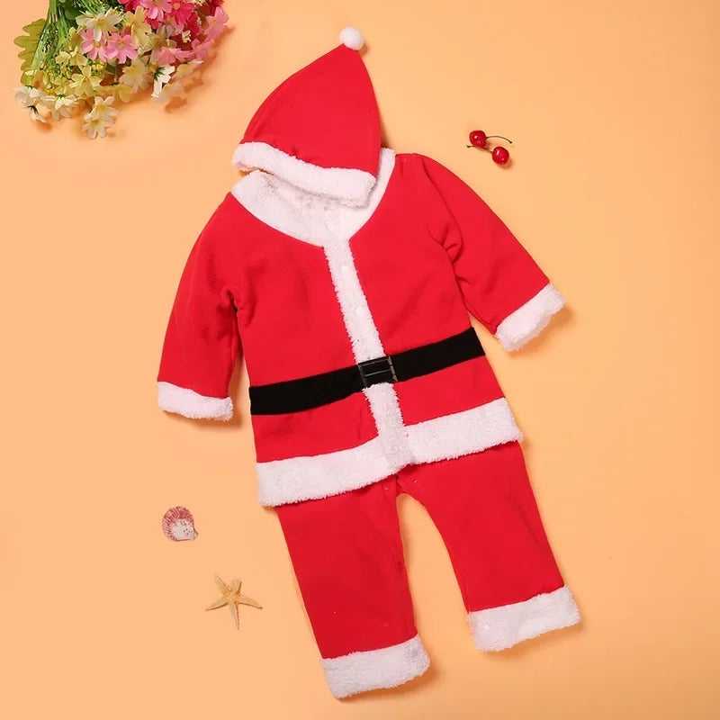 Red and white Kids Santa Clause Costume 4 - 6 Years laid flat, includes jacket, pants, and hat, perfect for festive Christmas dress-up.
