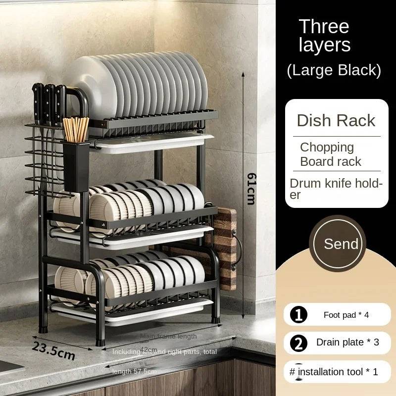 Full view of 3-Layer Kitchen Plate Rack in large black with dish, chopping board, and knife holders. Affordable price in Sri Lanka.