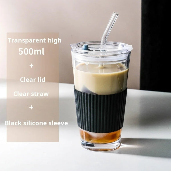 Coffee Cup Glass with Lid & Straw