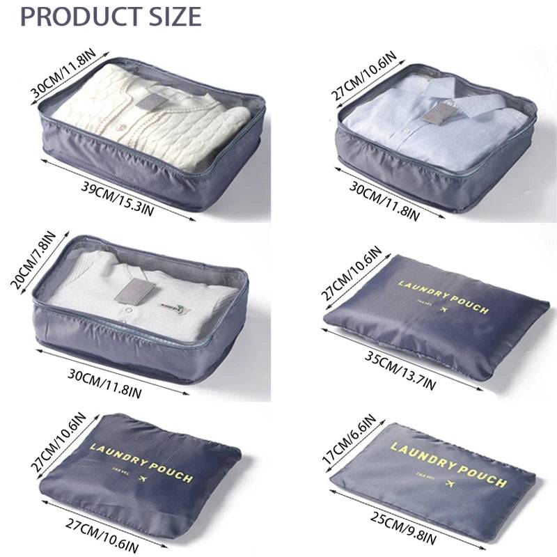 Travel Bag Set - 6PCS Storage Bags with detailed size chart showing dimensions for each organizer, perfect for packing efficiently.
