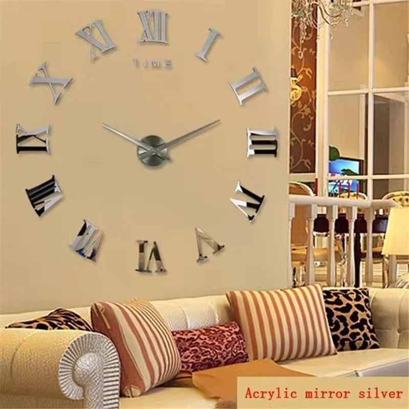 Silver acrylic mirror 3D Sticker Wall Clock with Roman numerals in a cozy living room. Decorative wall clock for modern home interiors.