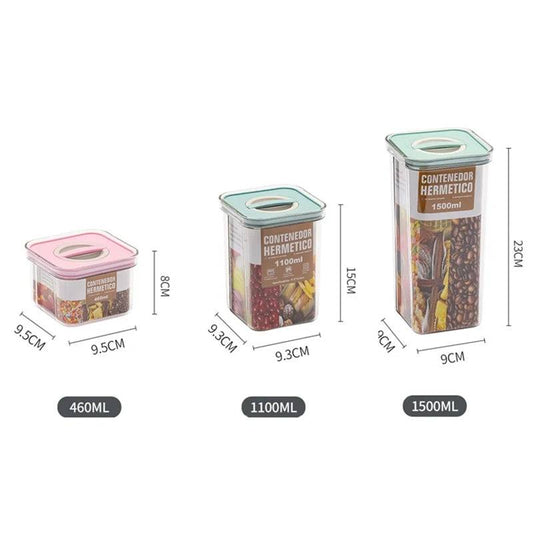 Size comparison of Rotary Lock Plastic Containers in 460ml, 1100ml, and 1500ml with dimensions, highlighting compact and stackable food storage design.