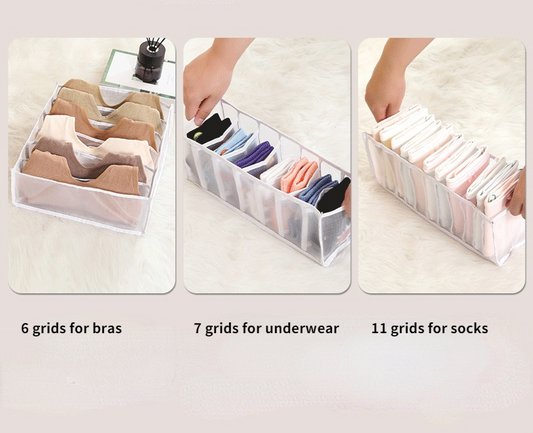 Socks Organizer Box 11 Grids | Bamagate.com shown in three variants for bras, underwear, and socks, offering versatile drawer organization options.