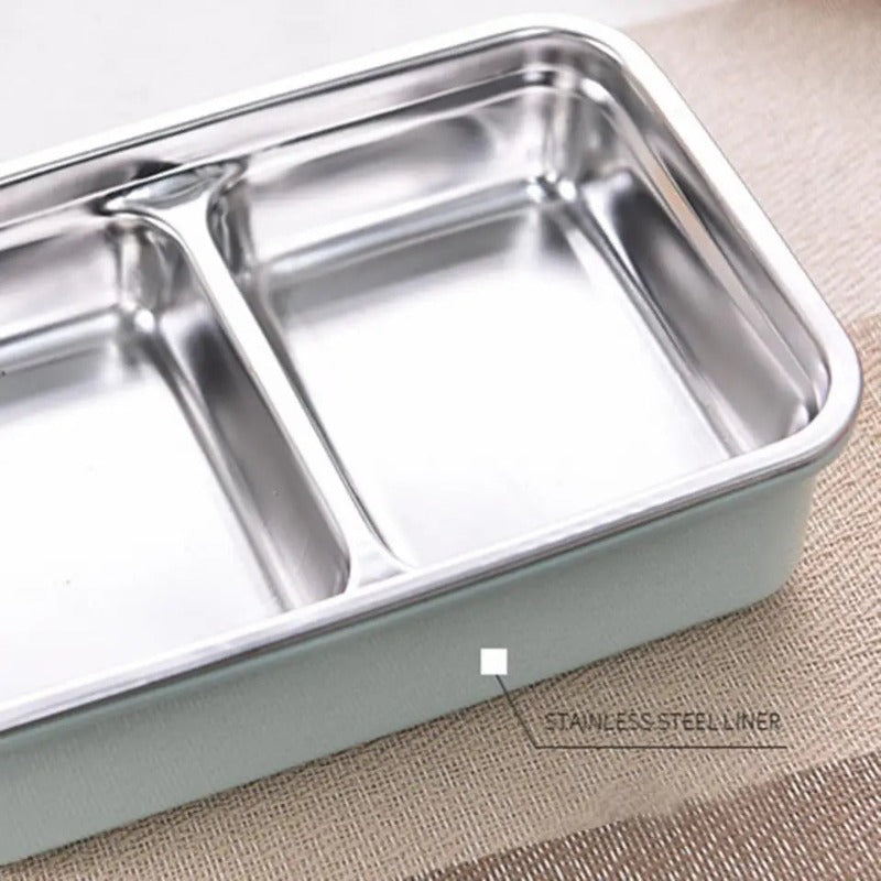 Lunch Box Two Compartment l Bamagate.com close-up of stainless steel liner with dual compartments, designed for organized food storage.
