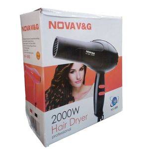 Nova NV-888 Hair Dryer - Professional 2000W salon motor in retail packaging featuring a sleek black design and model image for personal hair care.