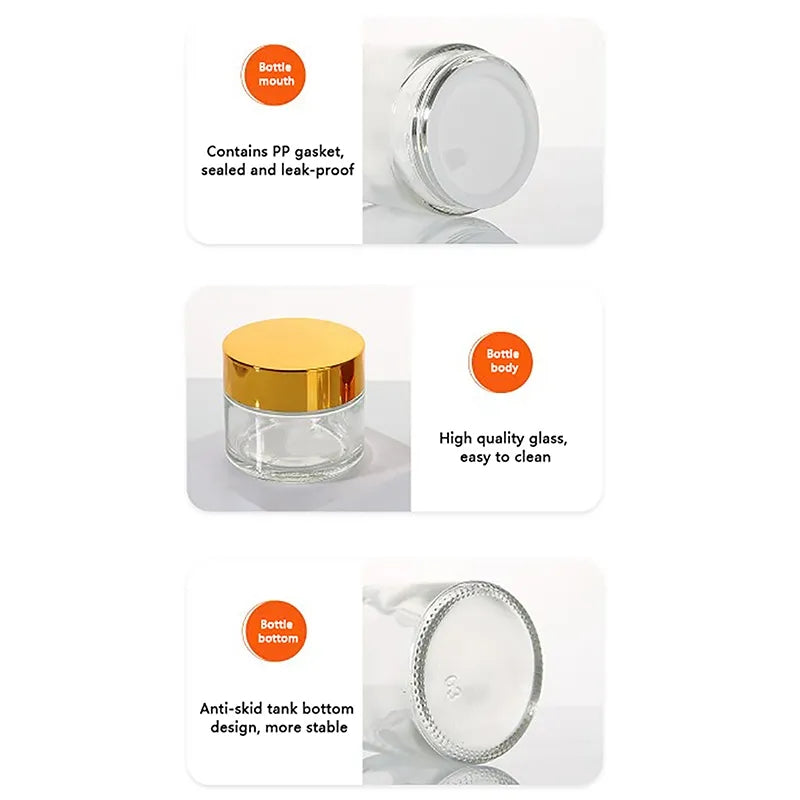 Refillable Cosmetic Containers 50g with gold lid showing leak-proof PP gasket, easy-to-clean glass body, and anti-skid bottom for stability.