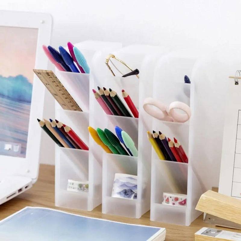 Office Desk Organizer - Desk Storage Holder with multiple compartments holding pens, pencils, scissors, and ruler on a wooden desk setup.