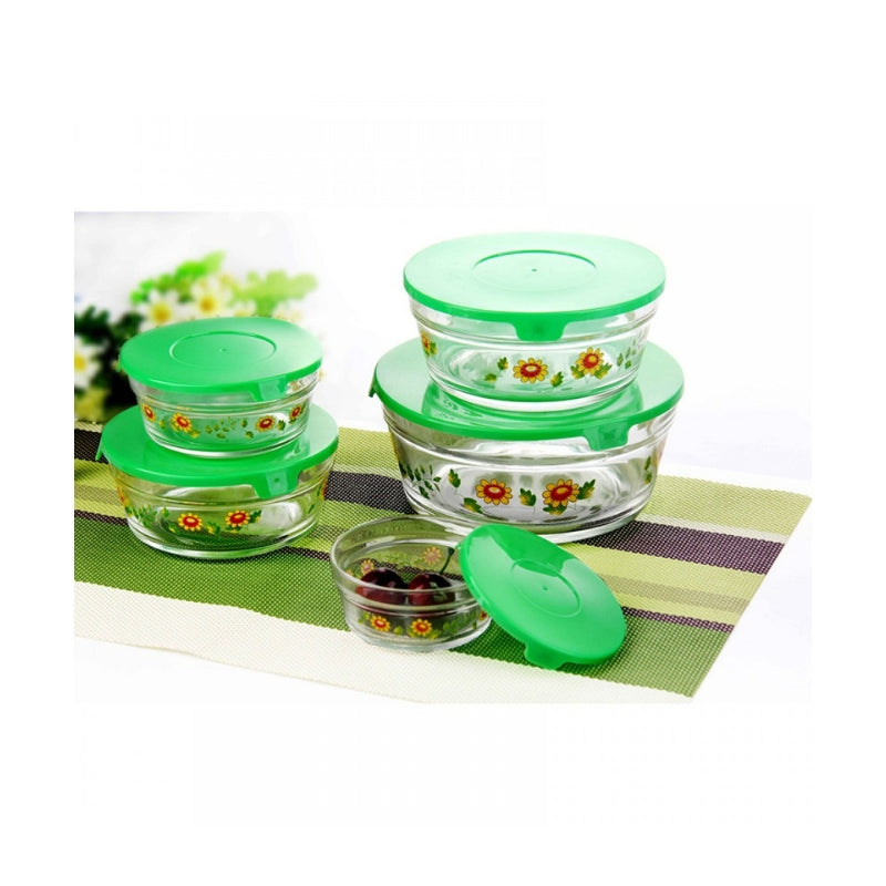Glass Bowl 5 PCS Set with green lids and floral design, ideal for kitchen storage and microwave use, available at bamagate.com