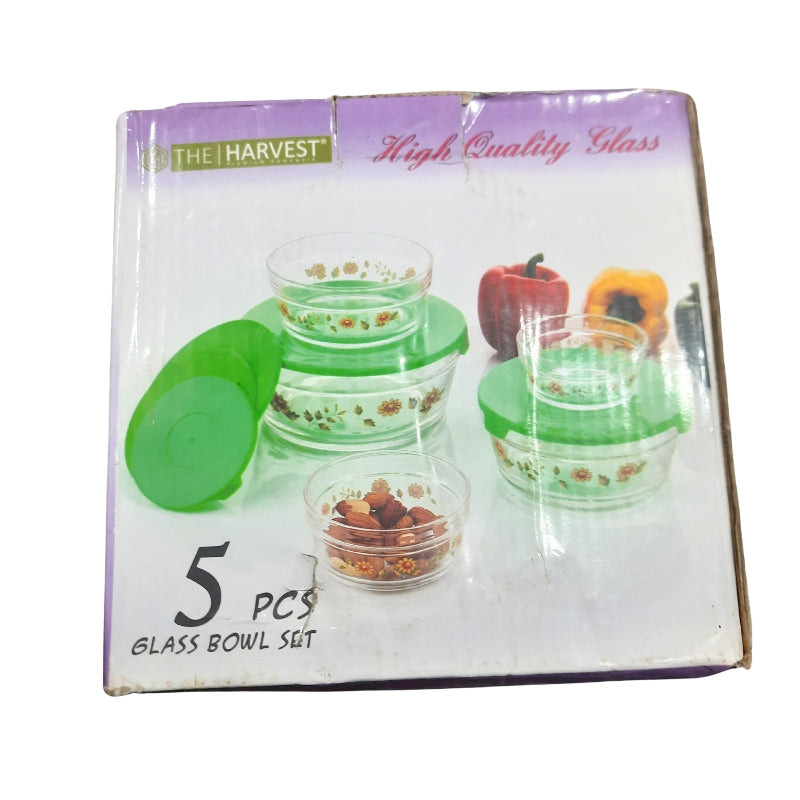 Packaging of 5 PCS Glass Bowl Set by The Harvest, featuring high-quality glass bowls with lids for food storage and dining use